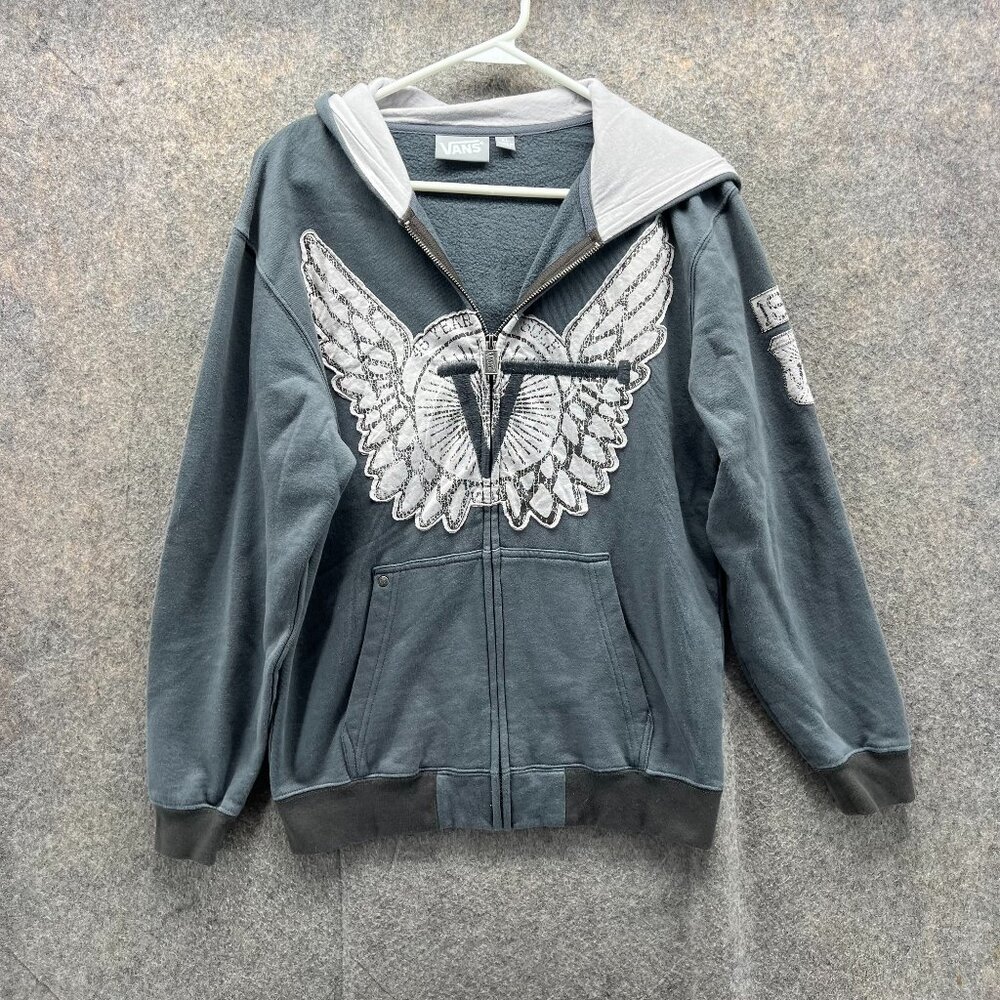 Vans Sweater Women Extra Large Wings Gray Full Zip Hooded Fleece Cotton XL
